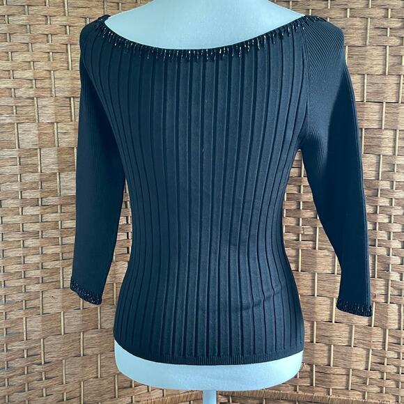 Cache Women's Beaded Detail Ribbed Sweater Shirt accent Black 3/4 Sleeve Silk - Picture 7 of 9